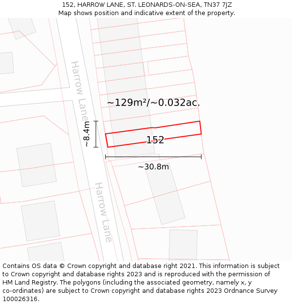 152, HARROW LANE, ST. LEONARDS-ON-SEA, TN37 7JZ: Plot and title map