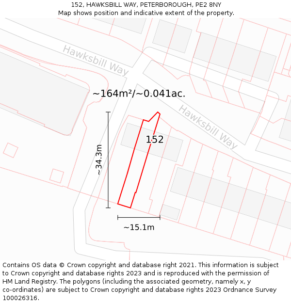 152, HAWKSBILL WAY, PETERBOROUGH, PE2 8NY: Plot and title map