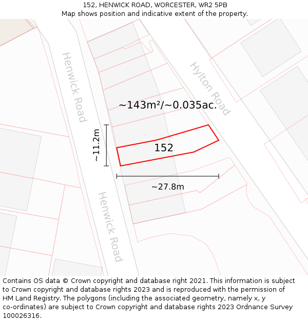 152, HENWICK ROAD, WORCESTER, WR2 5PB: Plot and title map
