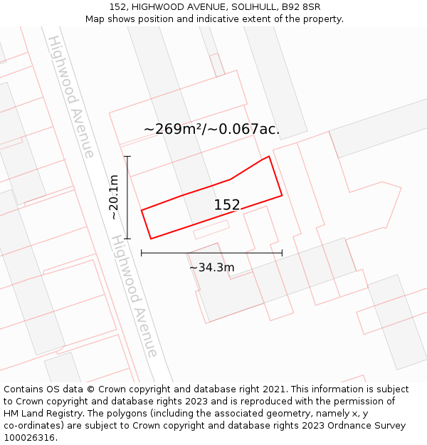 152, HIGHWOOD AVENUE, SOLIHULL, B92 8SR: Plot and title map
