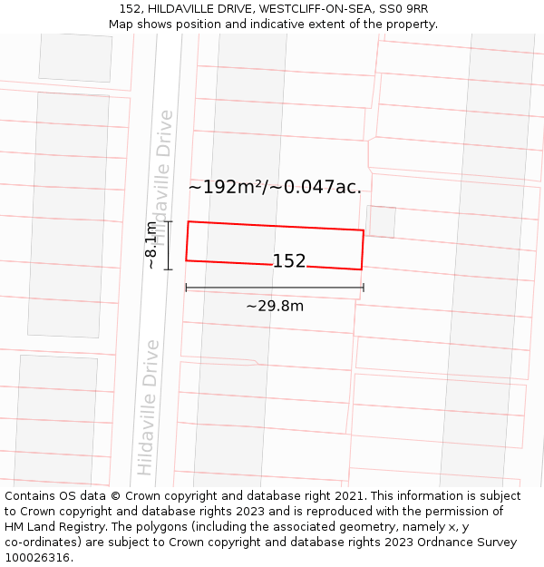 152, HILDAVILLE DRIVE, WESTCLIFF-ON-SEA, SS0 9RR: Plot and title map