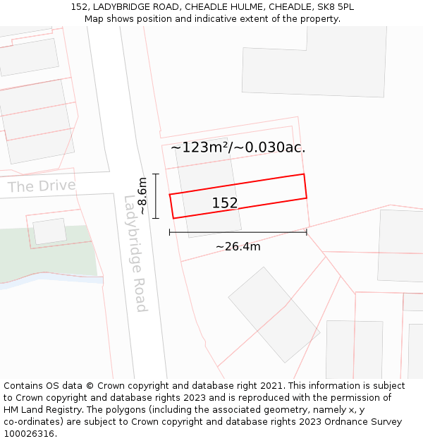 152, LADYBRIDGE ROAD, CHEADLE HULME, CHEADLE, SK8 5PL: Plot and title map
