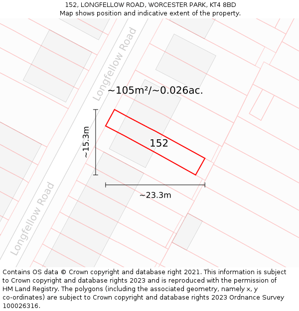 152, LONGFELLOW ROAD, WORCESTER PARK, KT4 8BD: Plot and title map