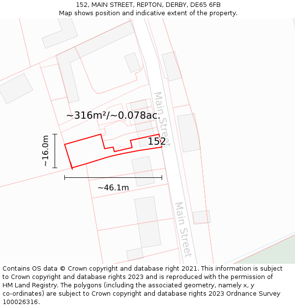 152, MAIN STREET, REPTON, DERBY, DE65 6FB: Plot and title map