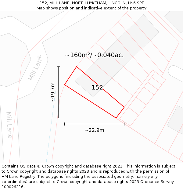 152, MILL LANE, NORTH HYKEHAM, LINCOLN, LN6 9PE: Plot and title map