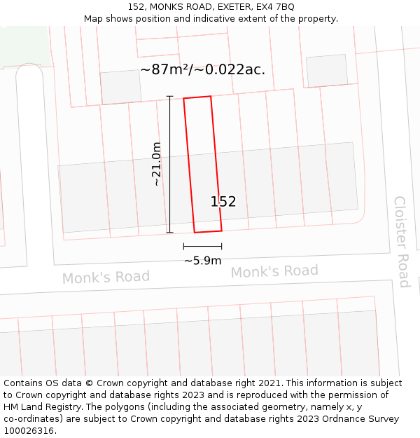 152, MONKS ROAD, EXETER, EX4 7BQ: Plot and title map