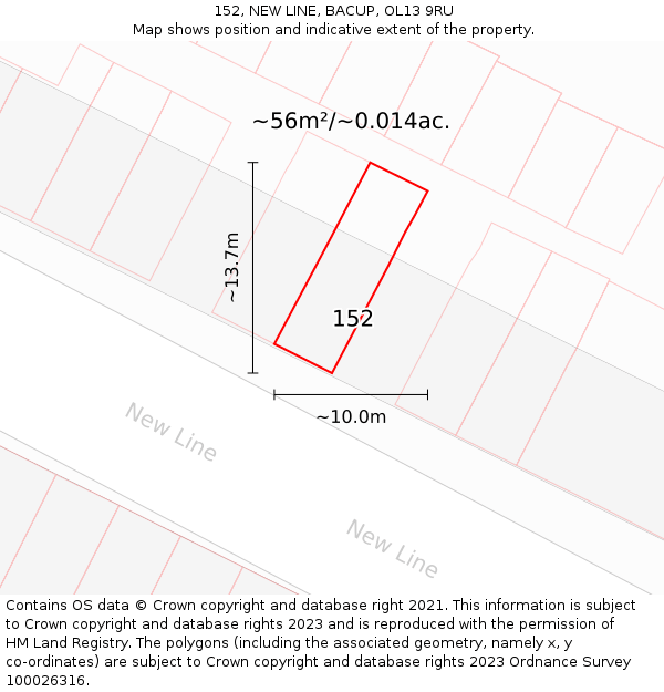 152, NEW LINE, BACUP, OL13 9RU: Plot and title map