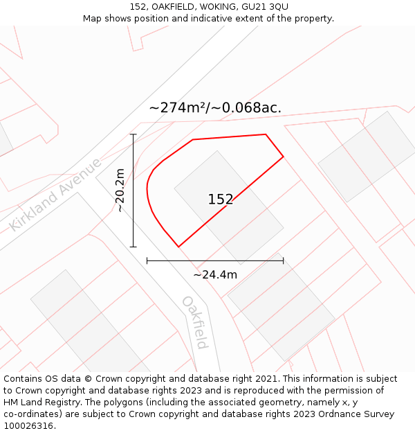 152, OAKFIELD, WOKING, GU21 3QU: Plot and title map