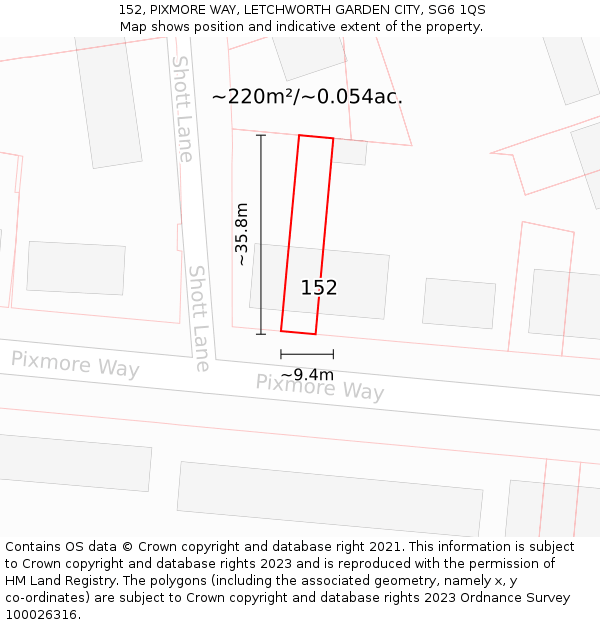 152, PIXMORE WAY, LETCHWORTH GARDEN CITY, SG6 1QS: Plot and title map