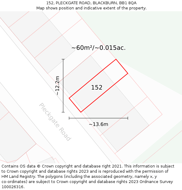 152, PLECKGATE ROAD, BLACKBURN, BB1 8QA: Plot and title map