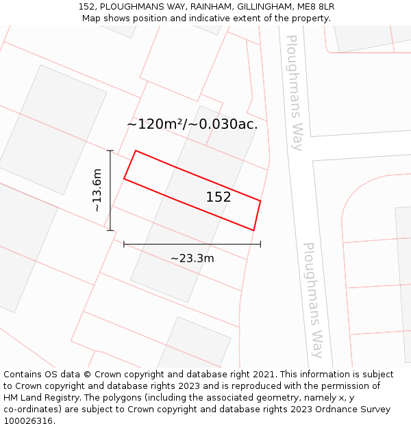152, PLOUGHMANS WAY, RAINHAM, GILLINGHAM, ME8 8LR: Plot and title map
