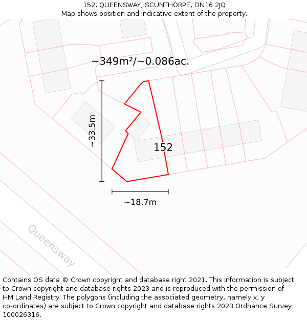 152, QUEENSWAY, SCUNTHORPE, DN16 2JQ: Plot and title map