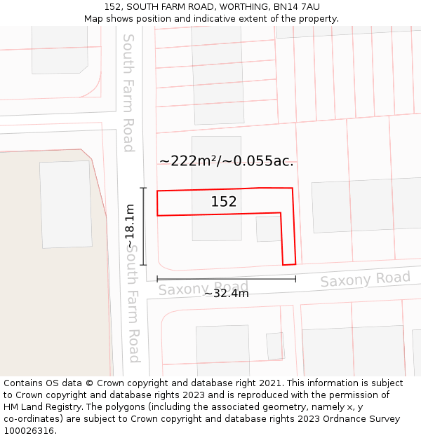 152, SOUTH FARM ROAD, WORTHING, BN14 7AU: Plot and title map