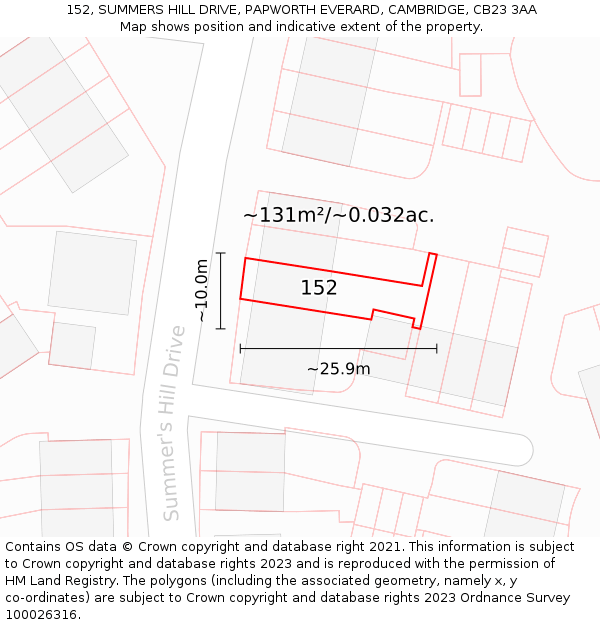 152, SUMMERS HILL DRIVE, PAPWORTH EVERARD, CAMBRIDGE, CB23 3AA: Plot and title map