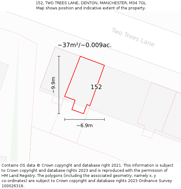152, TWO TREES LANE, DENTON, MANCHESTER, M34 7GL: Plot and title map