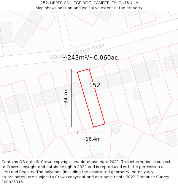 152, UPPER COLLEGE RIDE, CAMBERLEY, GU15 4HA: Plot and title map