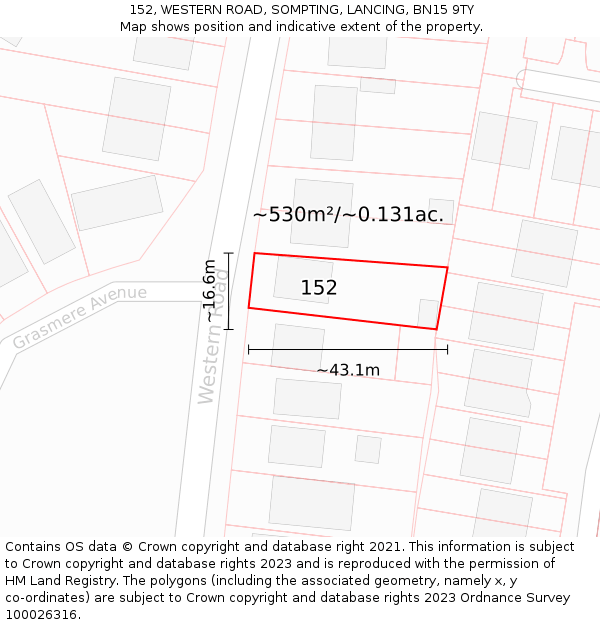 152, WESTERN ROAD, SOMPTING, LANCING, BN15 9TY: Plot and title map