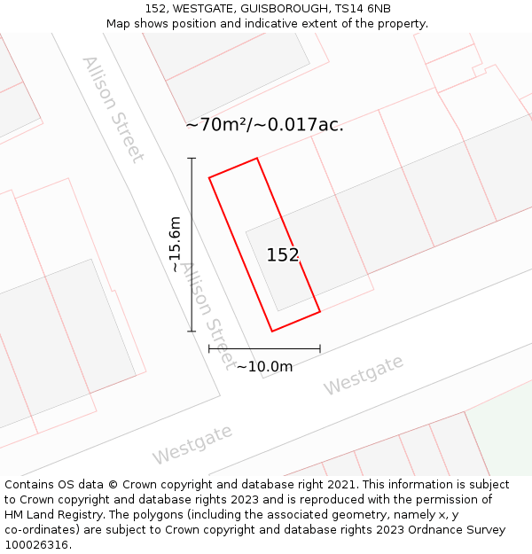 152, WESTGATE, GUISBOROUGH, TS14 6NB: Plot and title map
