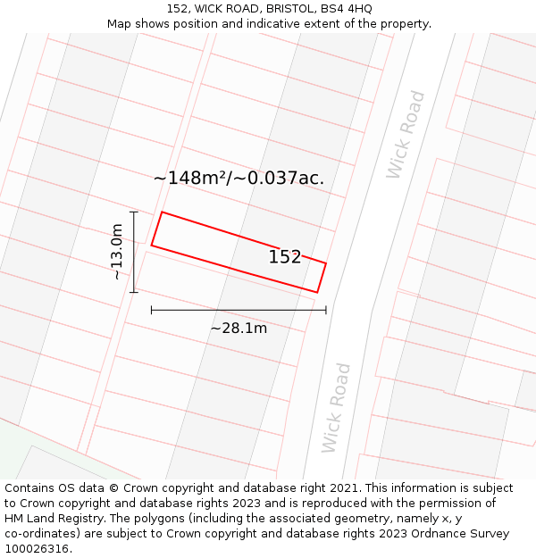 152, WICK ROAD, BRISTOL, BS4 4HQ: Plot and title map