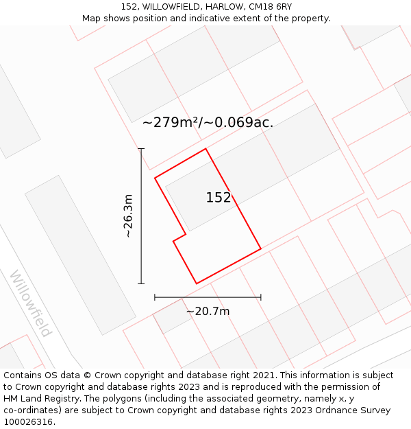 152, WILLOWFIELD, HARLOW, CM18 6RY: Plot and title map
