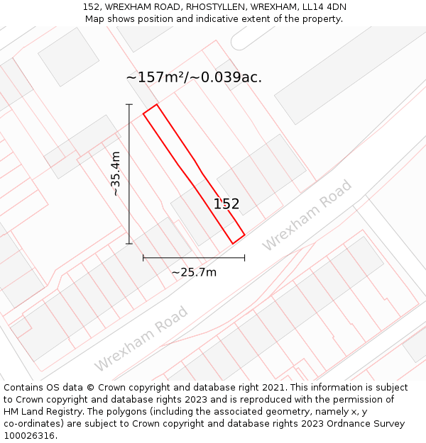 152, WREXHAM ROAD, RHOSTYLLEN, WREXHAM, LL14 4DN: Plot and title map