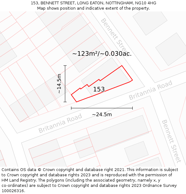 153, BENNETT STREET, LONG EATON, NOTTINGHAM, NG10 4HG: Plot and title map