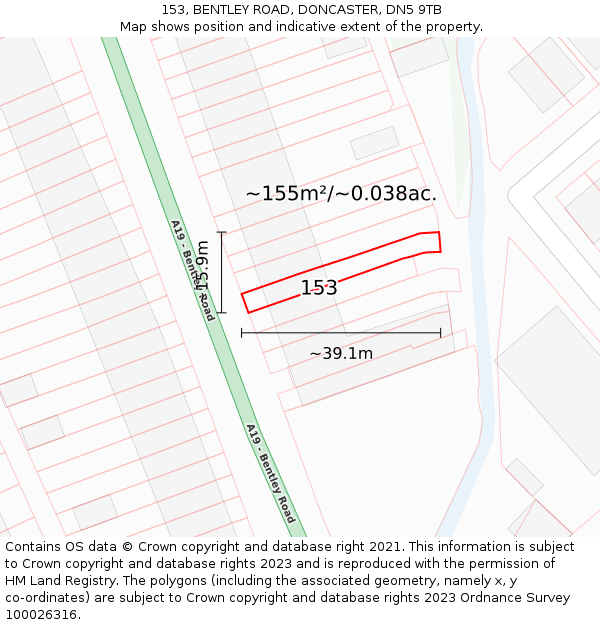 153, BENTLEY ROAD, DONCASTER, DN5 9TB: Plot and title map