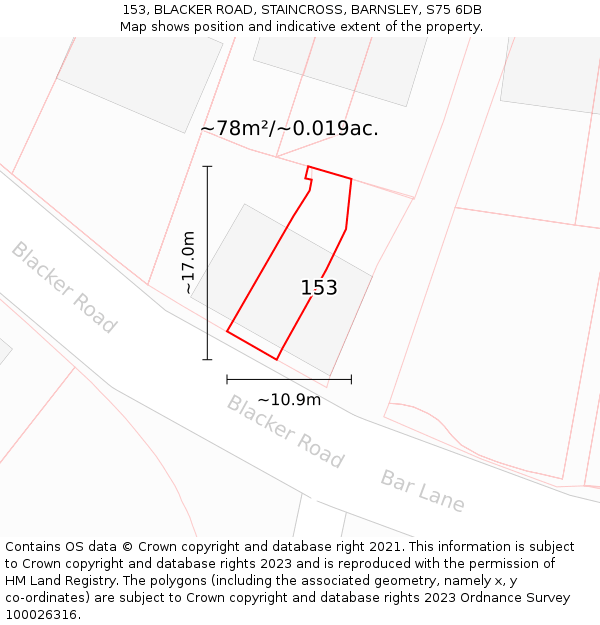 153, BLACKER ROAD, STAINCROSS, BARNSLEY, S75 6DB: Plot and title map