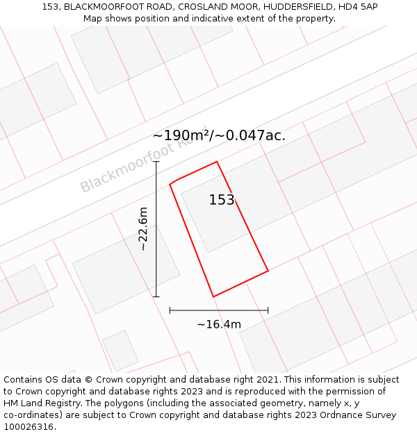 153, BLACKMOORFOOT ROAD, CROSLAND MOOR, HUDDERSFIELD, HD4 5AP: Plot and title map