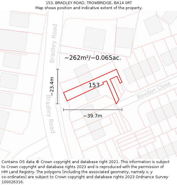 153, BRADLEY ROAD, TROWBRIDGE, BA14 0RT: Plot and title map