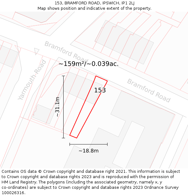 153, BRAMFORD ROAD, IPSWICH, IP1 2LJ: Plot and title map