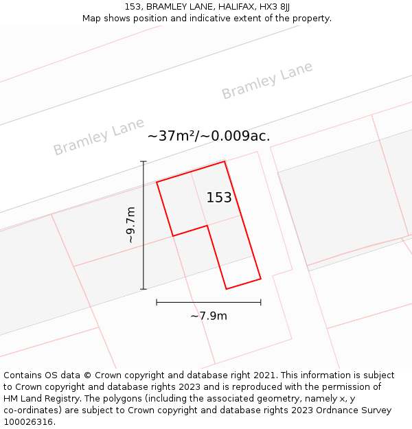 153, BRAMLEY LANE, HALIFAX, HX3 8JJ: Plot and title map