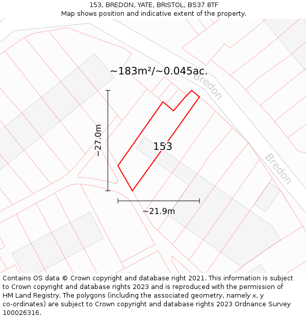 153, BREDON, YATE, BRISTOL, BS37 8TF: Plot and title map
