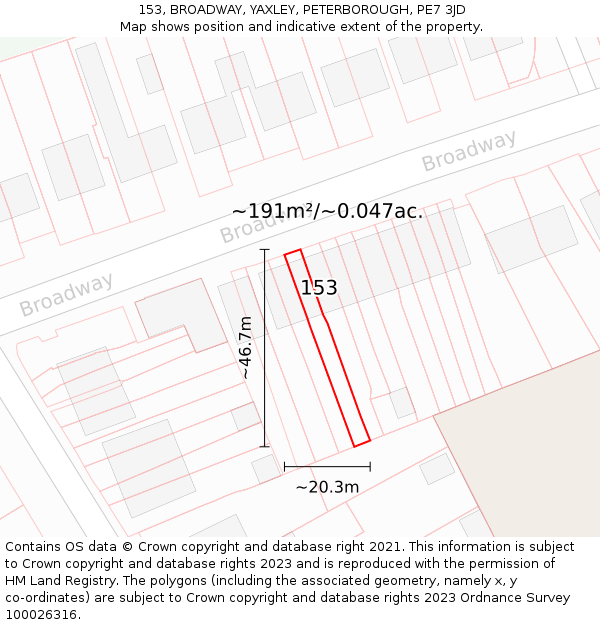 153, BROADWAY, YAXLEY, PETERBOROUGH, PE7 3JD: Plot and title map