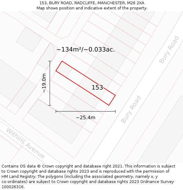 153, BURY ROAD, RADCLIFFE, MANCHESTER, M26 2XA: Plot and title map