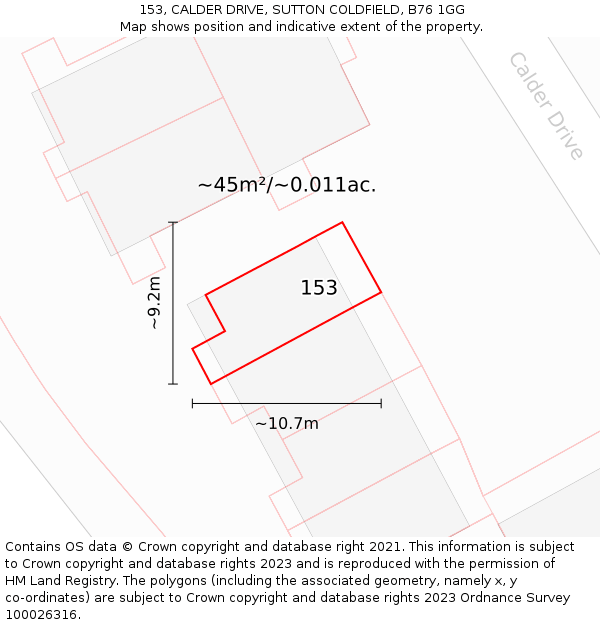 153, CALDER DRIVE, SUTTON COLDFIELD, B76 1GG: Plot and title map