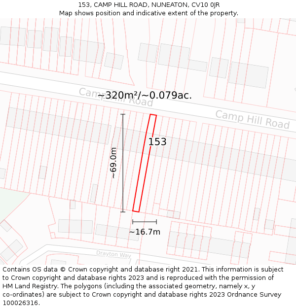 153, CAMP HILL ROAD, NUNEATON, CV10 0JR: Plot and title map