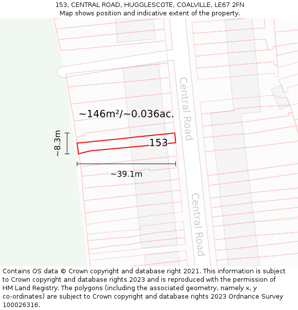 153, CENTRAL ROAD, HUGGLESCOTE, COALVILLE, LE67 2FN: Plot and title map