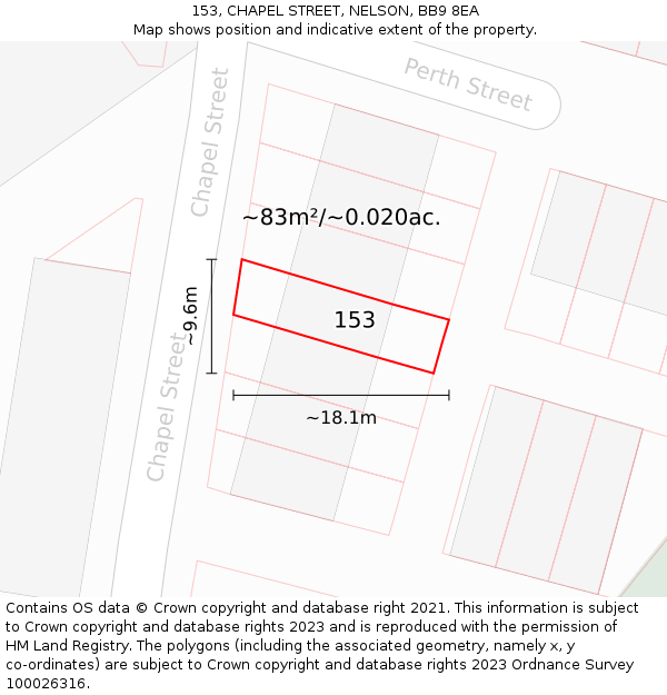 153, CHAPEL STREET, NELSON, BB9 8EA: Plot and title map