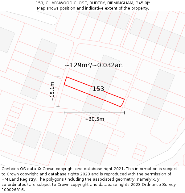 153, CHARNWOOD CLOSE, RUBERY, BIRMINGHAM, B45 0JY: Plot and title map