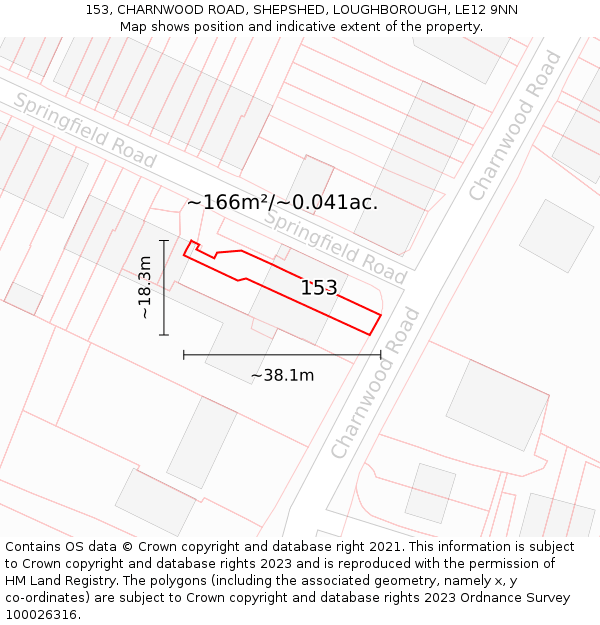 153, CHARNWOOD ROAD, SHEPSHED, LOUGHBOROUGH, LE12 9NN: Plot and title map