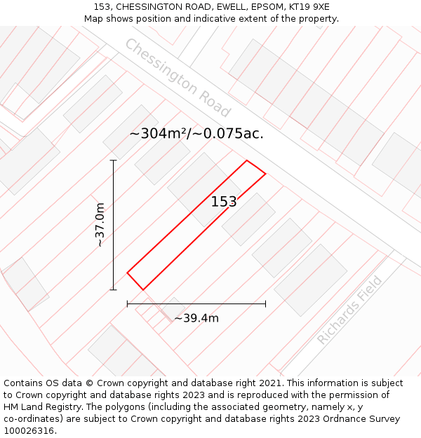 153, CHESSINGTON ROAD, EWELL, EPSOM, KT19 9XE: Plot and title map