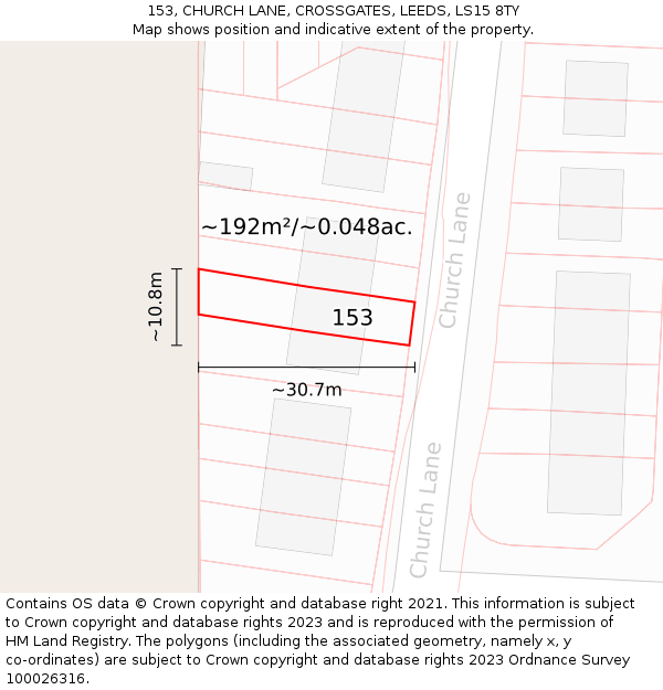 153, CHURCH LANE, CROSSGATES, LEEDS, LS15 8TY: Plot and title map