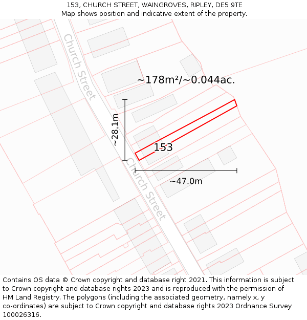 153, CHURCH STREET, WAINGROVES, RIPLEY, DE5 9TE: Plot and title map