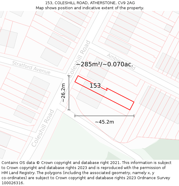 153, COLESHILL ROAD, ATHERSTONE, CV9 2AG: Plot and title map