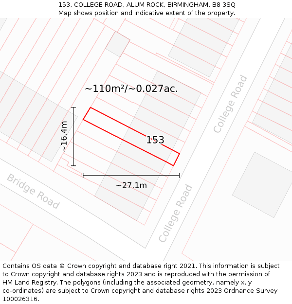 153, COLLEGE ROAD, ALUM ROCK, BIRMINGHAM, B8 3SQ: Plot and title map