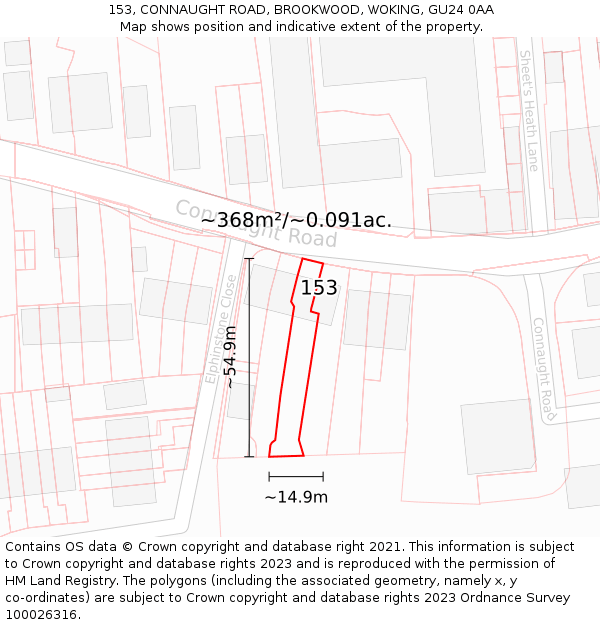153, CONNAUGHT ROAD, BROOKWOOD, WOKING, GU24 0AA: Plot and title map