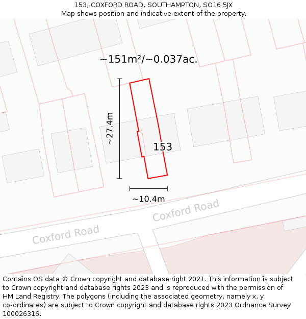 153, COXFORD ROAD, SOUTHAMPTON, SO16 5JX: Plot and title map