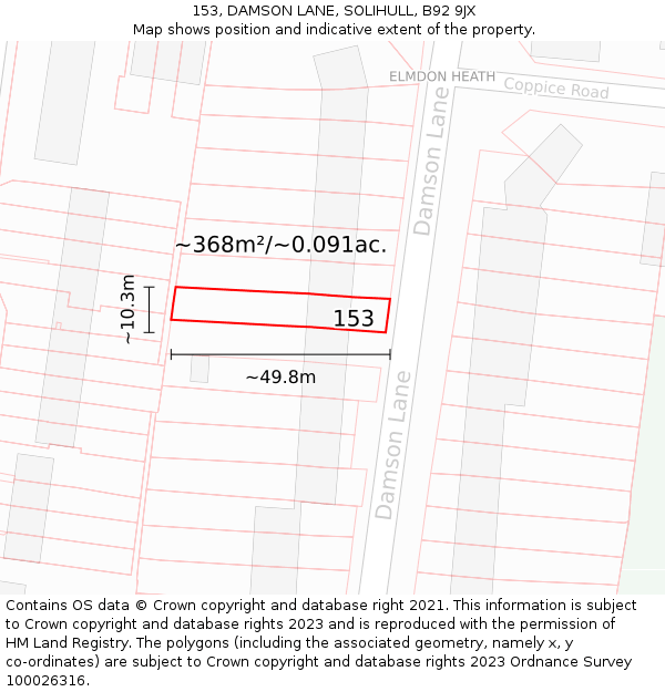 153, DAMSON LANE, SOLIHULL, B92 9JX: Plot and title map