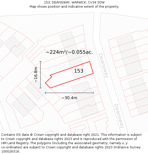 153, DEANSWAY, WARWICK, CV34 5DW: Plot and title map